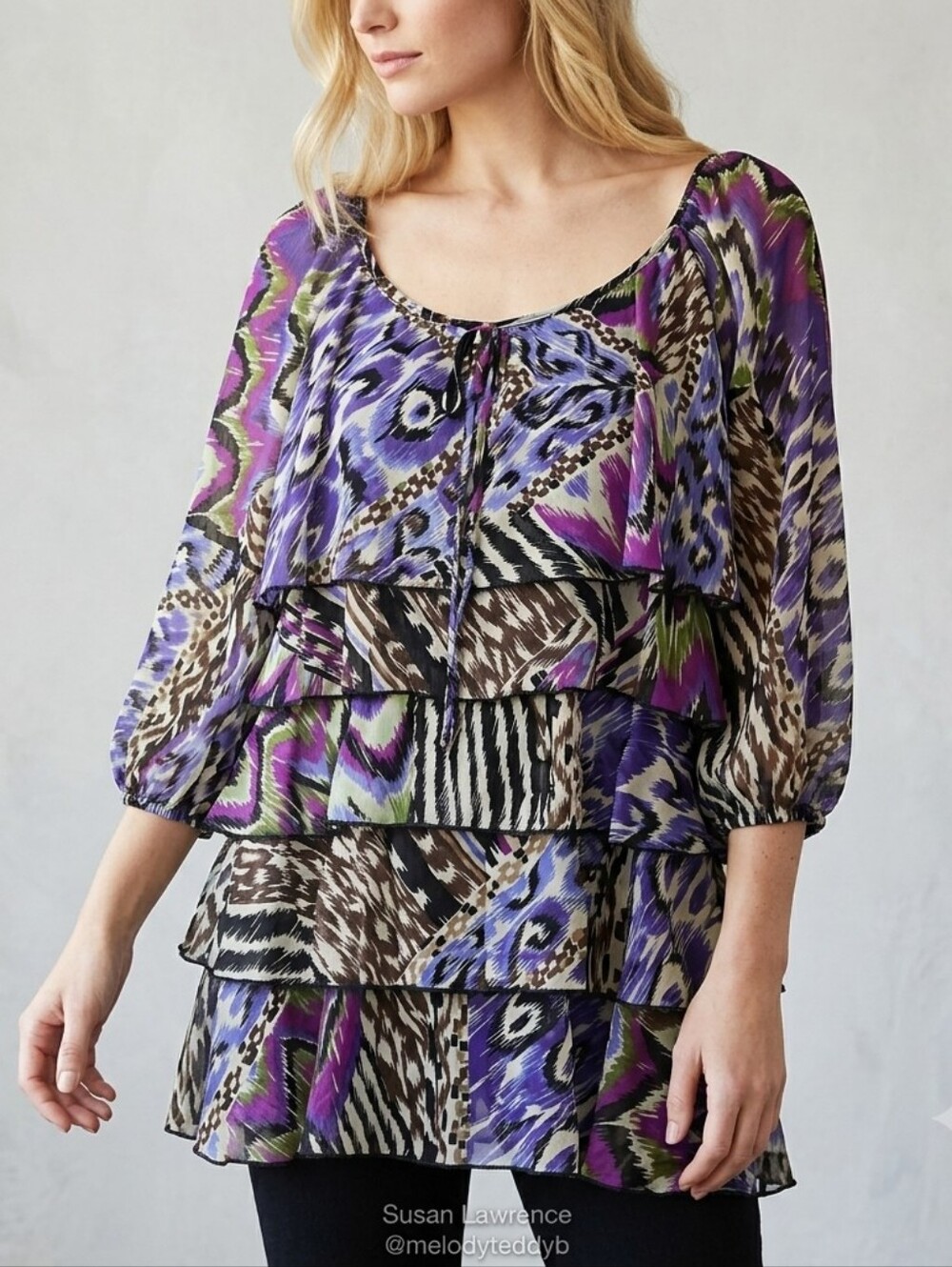 ​Susan Lawrence Purple Abstract Ikat Tiered Ruffle Blouse 3/4 Sheer Sleeve XL
